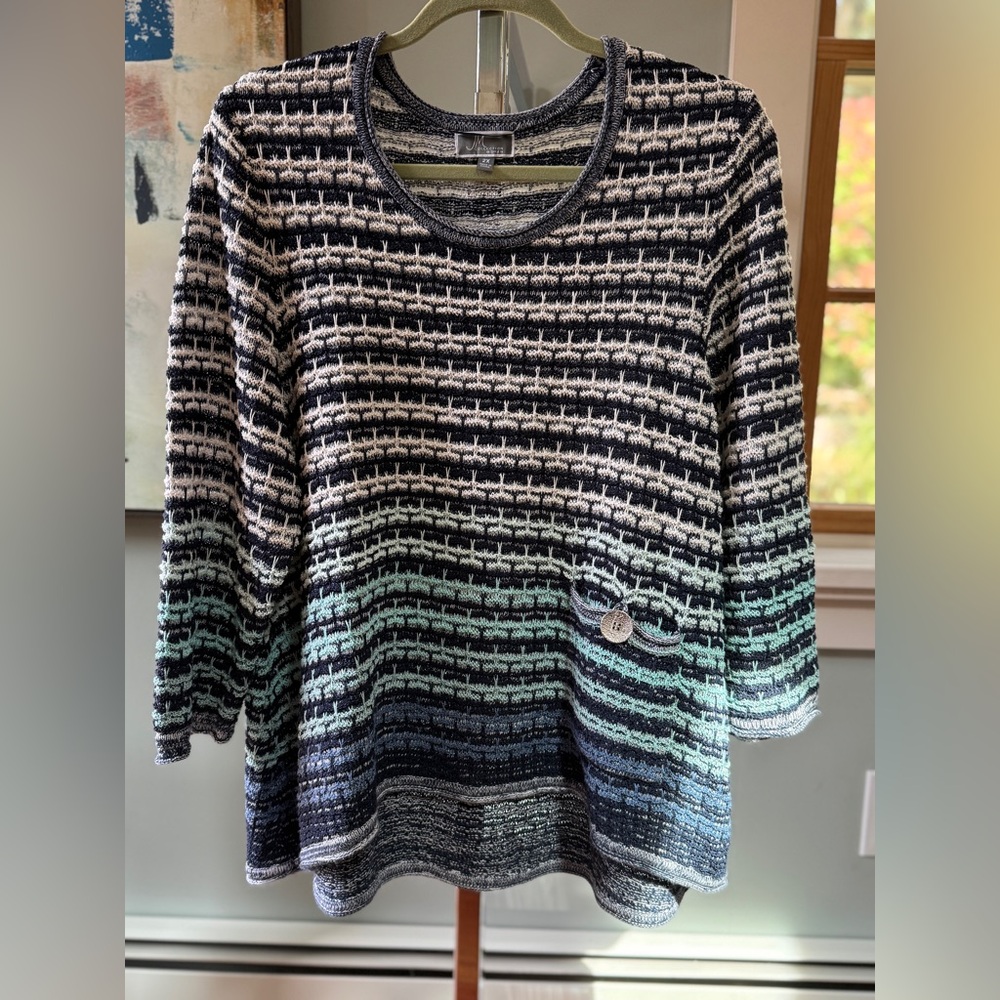 JM Collection Women’s Cotton Blend Blue White crew neck  Pullover Size 2X EUC